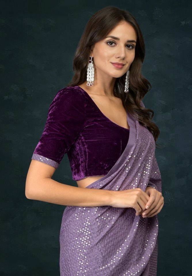 Purple Velvet Blouse with Puff Sleeves