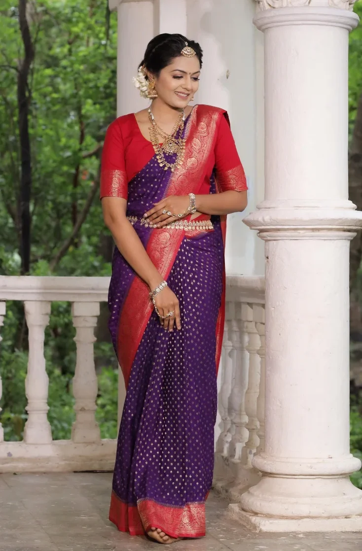 Red Bridal Blouse With Purple Saree