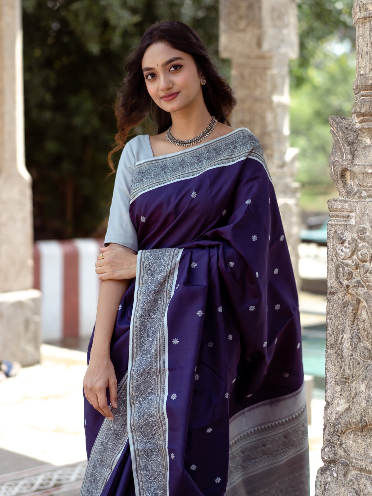 Silver Grey Blouse With Purple Saree