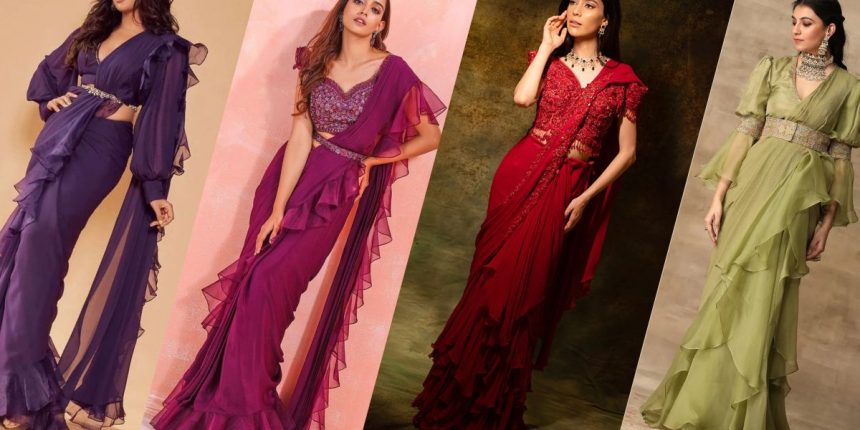 Trendy V-Neck Blouse Ideas That Look Perfect with Ruffle Sarees