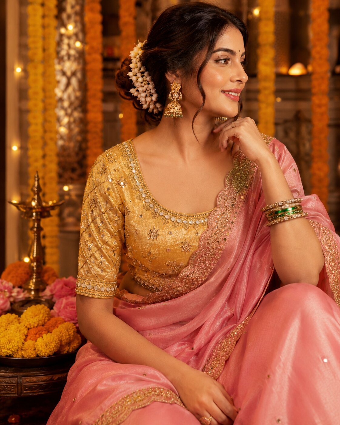 Golden Blouse With Pink Saree