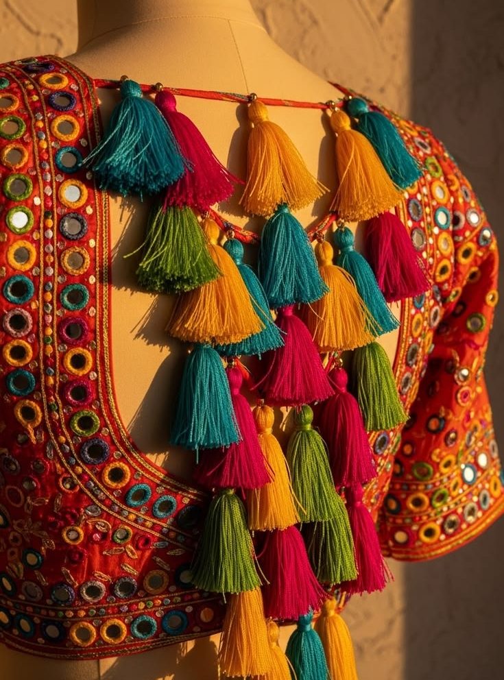 Kutchi Work Blouse with Tassels and Pom-Poms