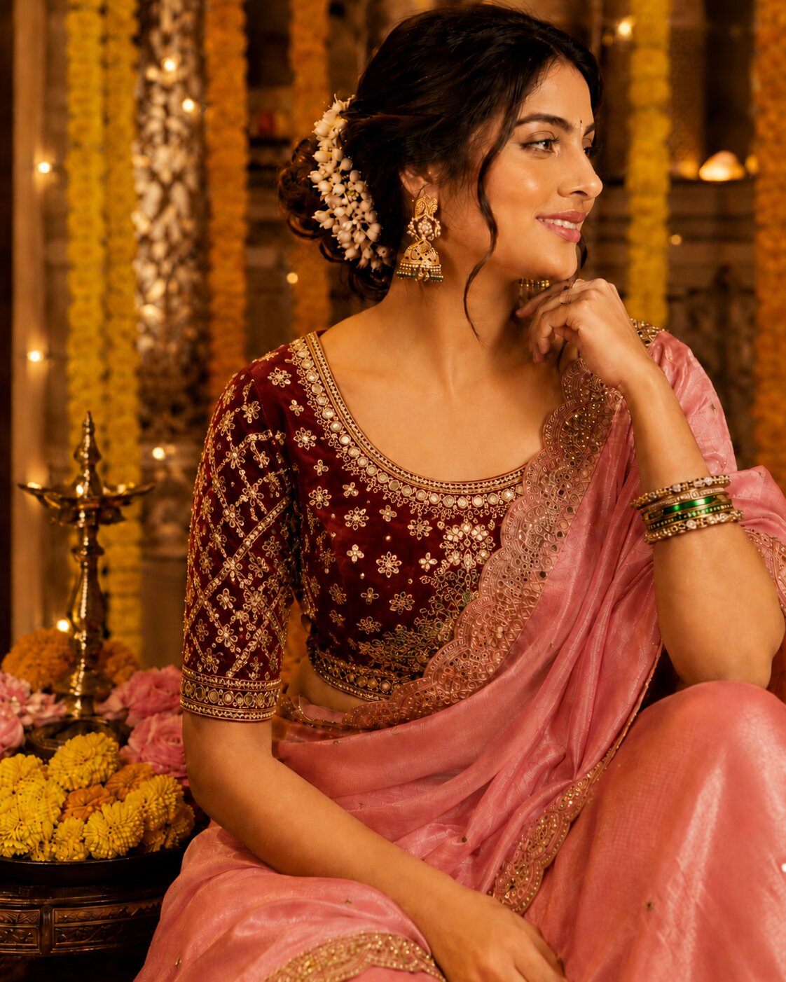 Maroon Blouse With Pink Saree