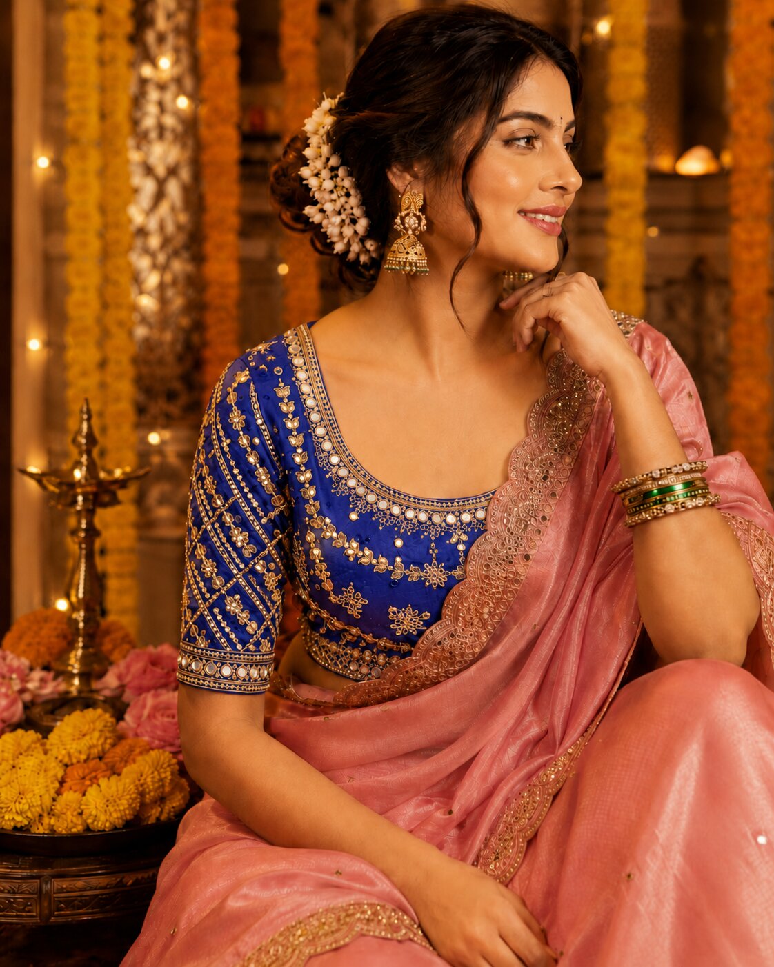 Royal Blue Blouse With Pink Saree