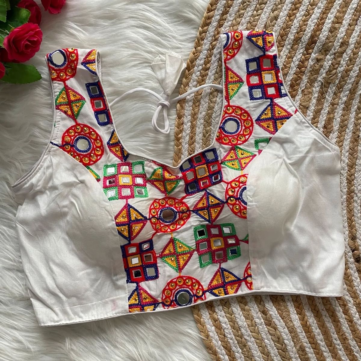 White Kutchi Embroidery Blouse with Colorful Work