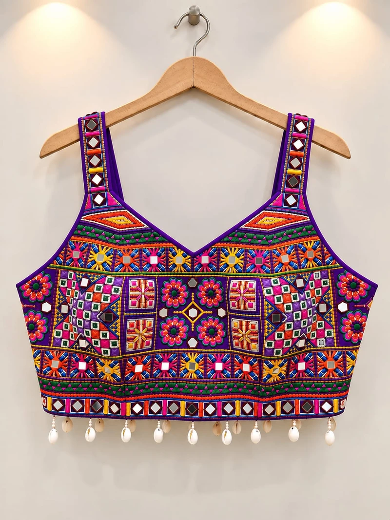 V-Neck Multicolor Mirror & Tikali Work Blouse